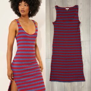 CELANDINE Red Blue Striped Knit Midi Dress Sleeveless Slit Coastal Tank Medium